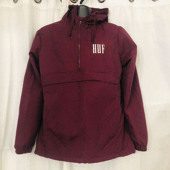 NWOT HUF MENS MAROON SMALL HOODED HALF ZIP WINDBREAKER W ELASTIC AND 3 POCKETS - Picture 4 of 10